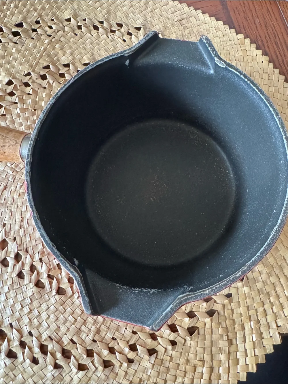 Vintage Le Creuset Castoflon Enameled Cast Iron Saucepan #16 Red Pour Spouts